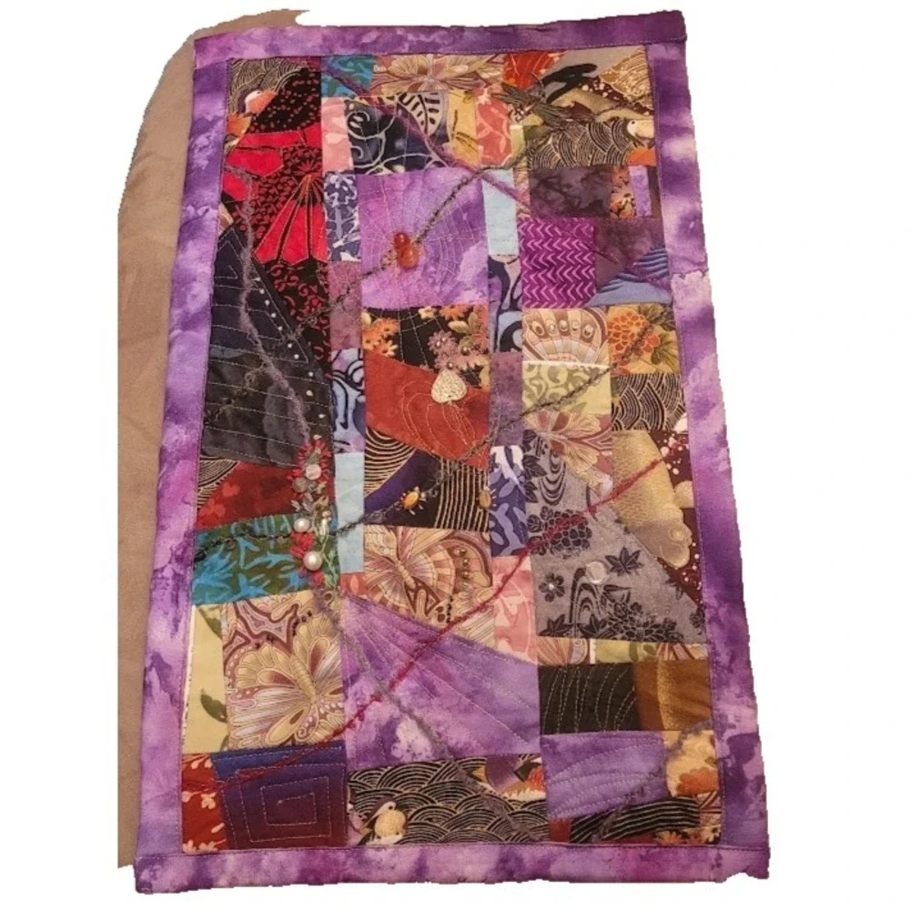 Vintage Signed Handmade Crazy Quilt Embroider Patchwork Wall Decor Art OOAK HTF
